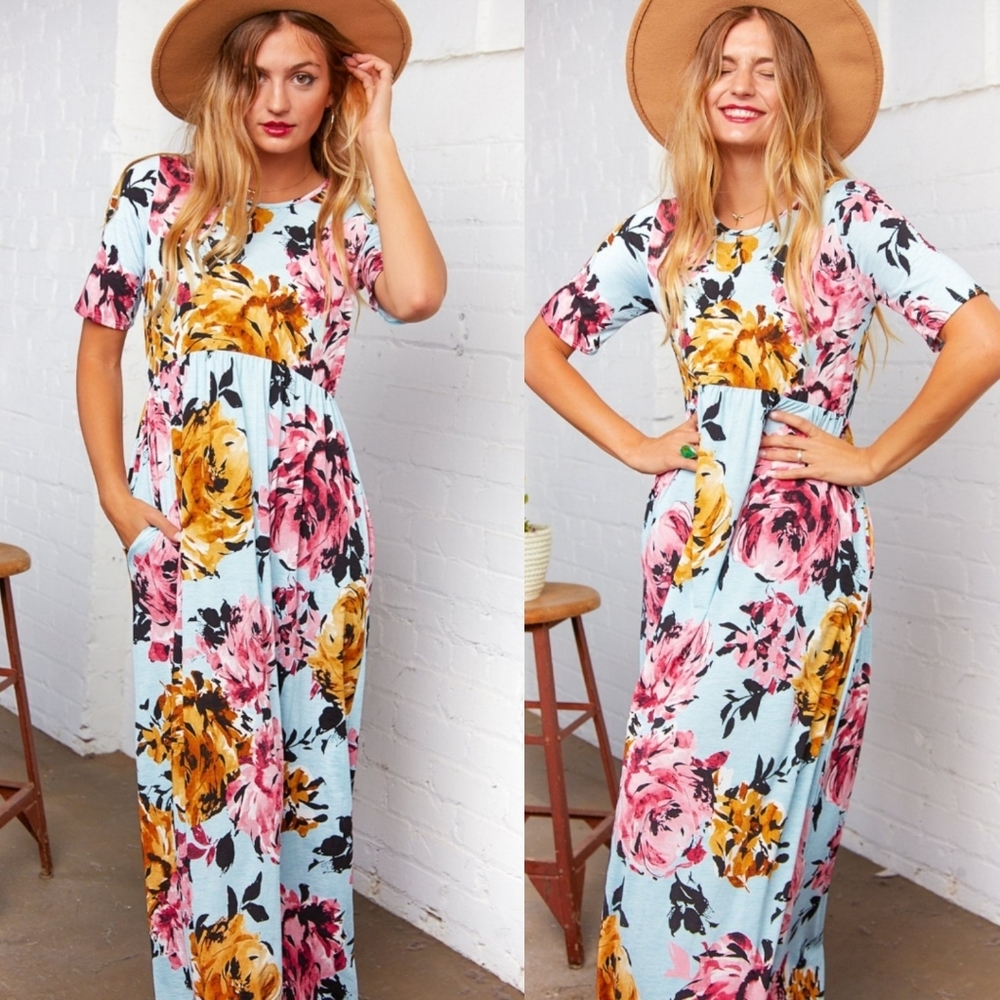 Aqua Floral Print Maxi Dress L XL - Picture 3 of 4